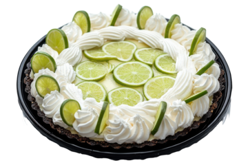 Lush lime key pie A swirl of whipped cream vibrant citrus slices  dark crust on black A delightful treat