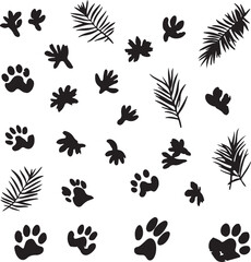 Black and White Vector Pattern of Animal Paw Prints, Fern Leaves, and Abstract Floral Shapes | Nature Inspired Seamless Background Design