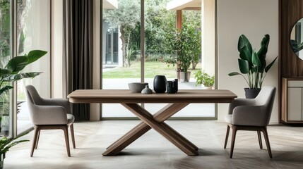 Modern dining room, wooden table, chairs, garden view, interior design, home decor