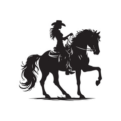 Cowgirl on Horse Vector Silhouette, Western Spirit, Cowboy Life, Equestrian Style, Wild West Adventure, Country Girl, Rustic Charm.
