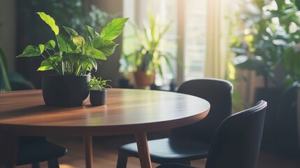 Sunlight streams into room with plants on wooden table