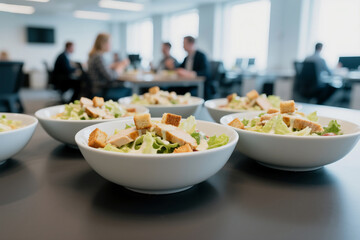Freshly prepared chicken caesar salads in white bowls with people in the background in a bright office environment perfect for business lunch