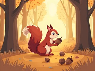 Red squirrel gathering acorns in autumn forest with detailed flat design style illustration