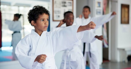 Exercise, karate and sports with kids in dojo for combat, fighting or self defense training. Fitness, learning or growth with group of boy children in class for martial arts lesson or practice © peopleimages.com