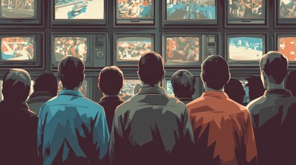 Obraz premium Retro television viewing experience of a large group.