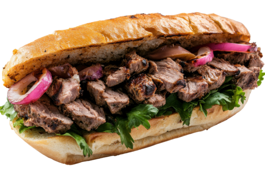 Mouthwatering steak sandwich loaded wred onion  greens A juicy delight