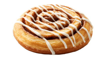 A vibrant depiction of a cinnamon roll with icing drizzled on top, isolated on white background