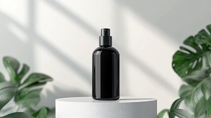 Minimalist black dropper bottle on white pedestal with green foliage in background for skincare product presentation
