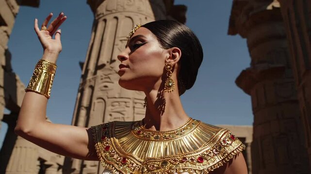Majestic egyptian queen posing in ancient temple