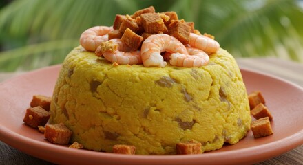 Mofongo dish with shrimp and pork rinds on a plate outdoor setting.