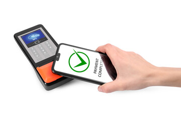 Woman using mobile phone to pay via terminal with NFC system on white background, closeup