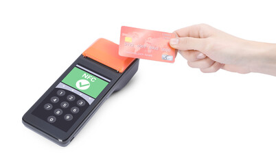 Woman paying with credit card via terminal on white background, closeup
