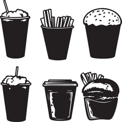 Black and White Vector Illustration of Fast Food Items: Soda, Fries, Burger, and Coffee - Graphic Design for Restaurant Menus and Food Blogs