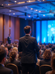 Speaker giving a talk in conference hall at business event. Rear view of unrecognizable people in audience at the conference hall. Business and entrepreneurship concept