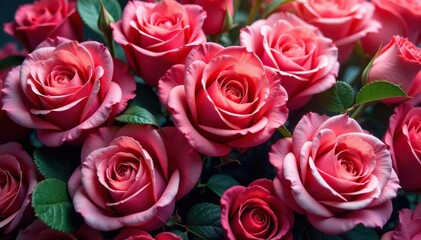 Intricate blooming roses, densely packed, vibrant hues, buds, spring, leaves