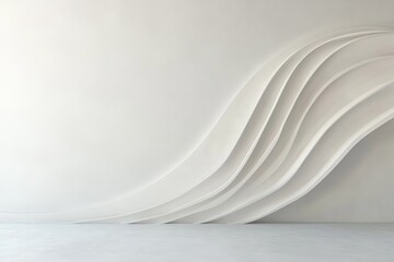 Abstract, minimalist interior design, featuring flowing, white, sculptural wall panels, against a clean, white wall and a light gray concrete floor.  The panels create a sense of movement and depth