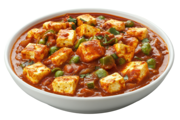 Paneer Matar a symphony of cheese and peas in rich tomato gravy served in a white bowl on a white backdrop