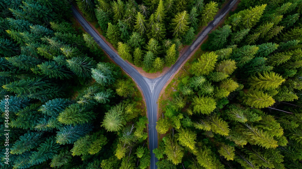Poster aerial view of a crossroad in a forest, fork in the road, making the right choice