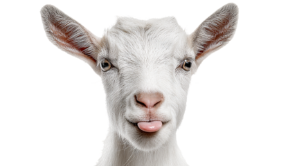 goat head with showing tongue on white background 