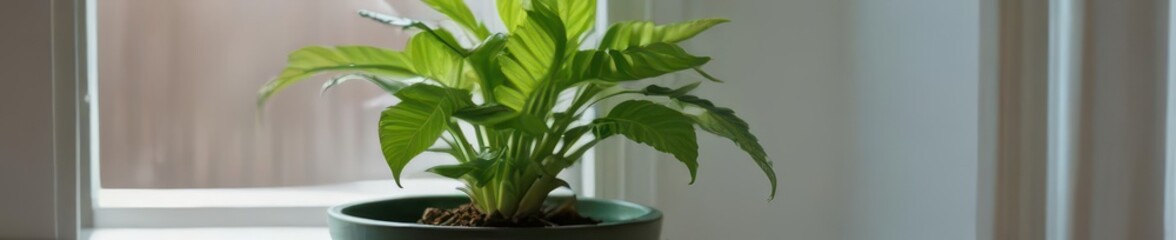 Obraz premium A vibrant green plant thrives in a simple green pot on a sunlit windowsill , plant, domestic, succulents