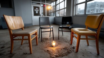 Abandoned Chairs in an Empty Room with Candlelight and Cracked Floor