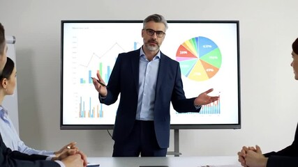 Businessman presenting financial data charts and graphs on a large screen. Businessman presenting financial charts during office meeting. 8k video - Powered by Adobe