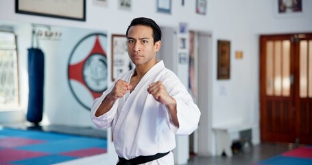 Portrait, man and karate in dojo for self defense training, challenge or skill with martial arts....