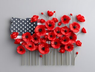 Red Poppies Arranged in the Shape of the American Flag on a Gray Background