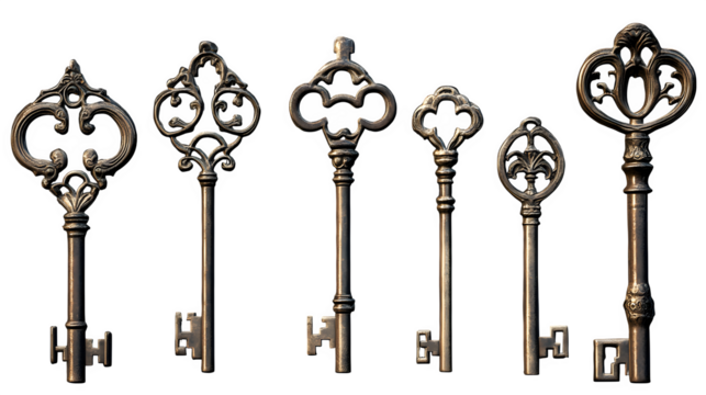 A set of vintage metal keys with ornate designs, symbolizing mystery and antiquity, isolated on a transparent background - Powered by Adobe