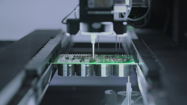 Close-up: installing electronic components. Printed circuit board moves with SMD, PCB. Automatic welding, solder machine. Production Devices. Diagnose test chips and processors. Manufacture or factory