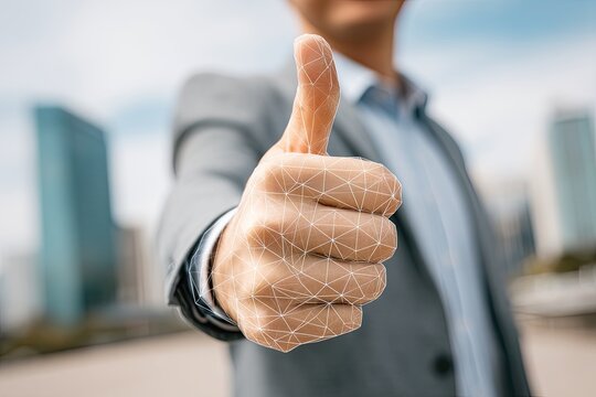 Businessman giving thumbs up, digital network overlay on hand