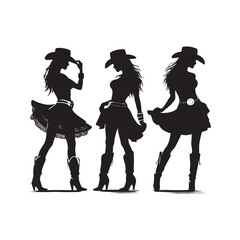 Cowgirl with Skirt and Hat Vector Silhouette, Western Fashion, Country Girl, Rustic Charm, Wild West Style, Cowboy Spirit.

