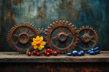Fototapeta premium Rusty gears, a yellow flower, red berries, and dark plums rest on a weathered wooden surface against a grunge backdrop.