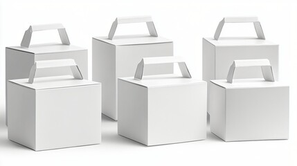 Group of white cardboard takeaway boxes with handles on gray background for food delivery or packaging design