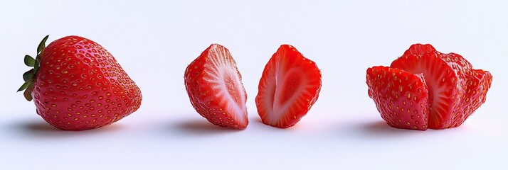 Fresh strawberries, whole and sliced, displayed on a white background