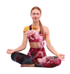 Young woman meditating during yoga practice on white background, double exposure with flowers