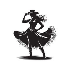 Cowgirl with Skirt and Hat Vector Silhouette, Western Fashion, Country Girl, Rustic Charm, Wild West Style, Cowboy Spirit.
