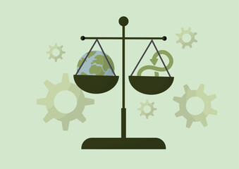 Environmental Balance Scale Earth Sustainability Concept. balance scale weighing planet earth against recycling symbols, surrounded by gear elements, representing environmental policy equilibrium.