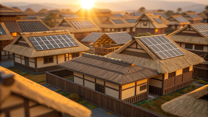 Obraz premium Economic Inequality Poverty Reduction Sustainable housing with solar panels promotes economic growth while addressing inequality and poverty