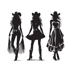 Cowgirl with Skirt and Hat Vector Silhouette, Western Fashion, Country Girl, Rustic Charm, Wild West Style, Cowboy Spirit.
