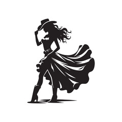 Cowgirl with Skirt and Hat Vector Silhouette, Western Fashion, Country Girl, Rustic Charm, Wild West Style, Cowboy Spirit.
