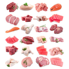 Fototapeta na wymiar Fish and meat. Different fresh raw products on white background, collage