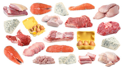 Fototapeta na wymiar Meat, fish, eggs and cheese. Different fresh products on white background, collage