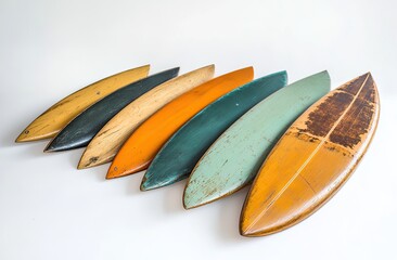 Vintage surfboard wall art collection. Display of assorted color surfboards, various shades of orange, teal, yellow, and brown. Each board has a weathered, distressed appearance