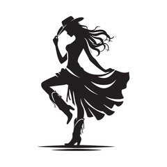 Cowgirl with Skirt and Hat Vector Silhouette, Western Fashion, Country Girl, Rustic Charm, Wild West Style, Cowboy Spirit.
