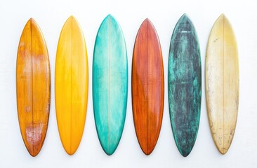 Vintage surfboards in a row, various colors.  Different shades of faded paint