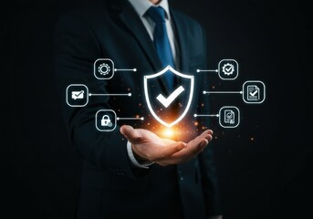 Cybersecurity protection shield concept for business data privacy and network security strategy online