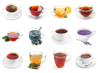 Different types of tea in cups isolated on white, set