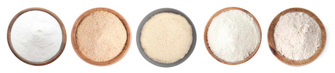 Different types of flour in bowls isolated on white, set. Top view