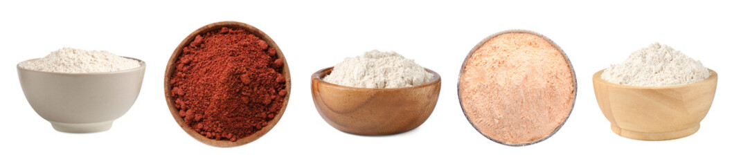 Different types of flour in bowls isolated on white, set